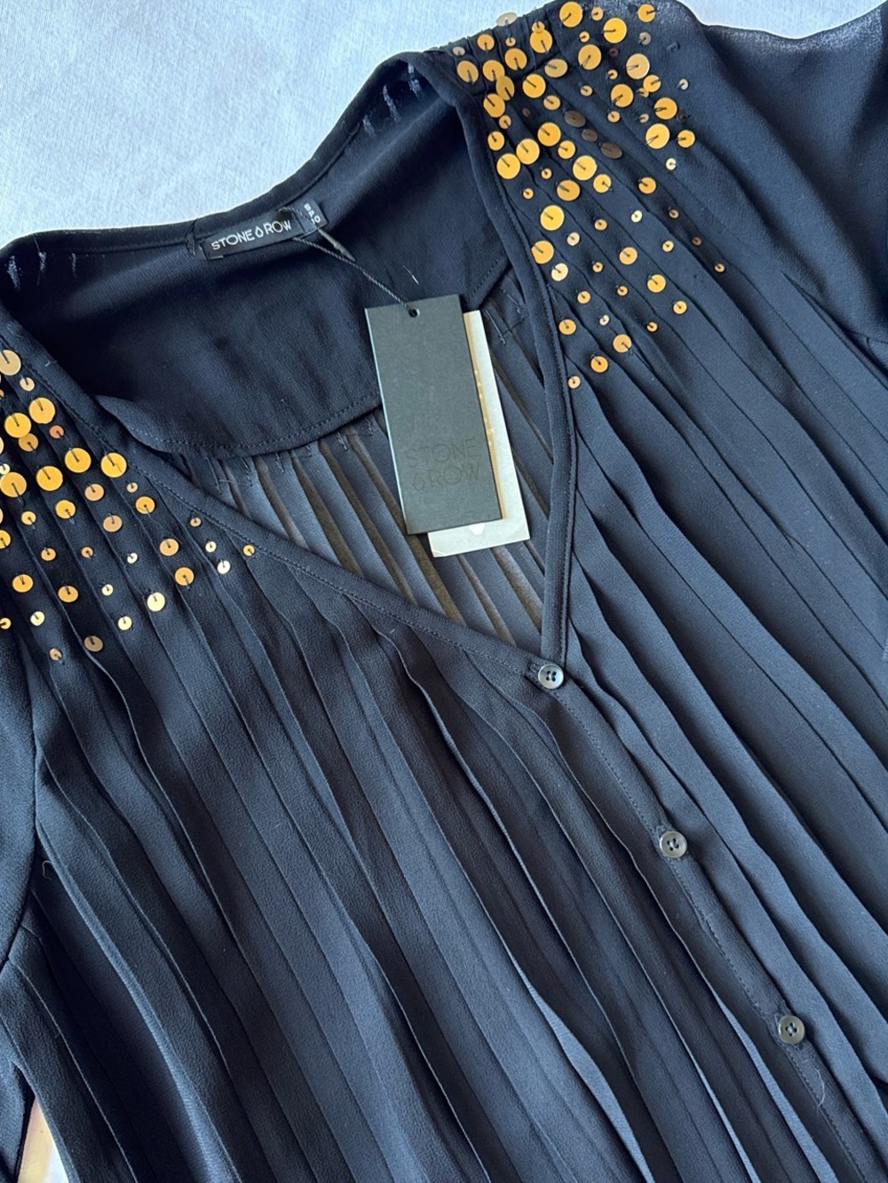Volcom Black Pleated Tunic with Gold Sequined Shoulders